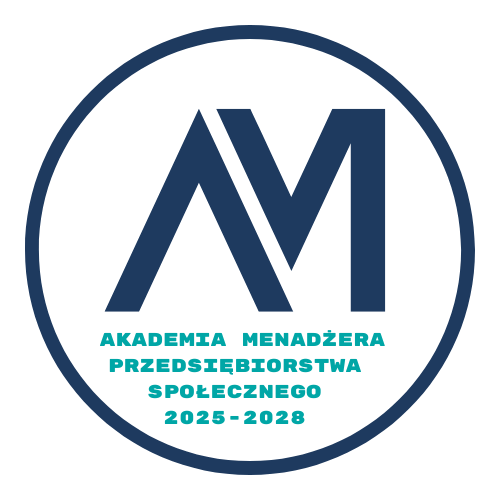 Ilustracja przedstawia logo projektu Akademia Menadżera Przedsiębiorstwa Społecznego 2025-2025. W granatowym obrysie koła znajduje się litera "a" i "m" koloru grantowego. Prawa krawędź litery "a" zastępuję lewą krawędź litery "m". Pod znakiem graficznym w zielonym kolorze znajduje się tytuł całego projektu w kolorze morskim. Cała kompozycja zamknięta jest w obrysie koła.